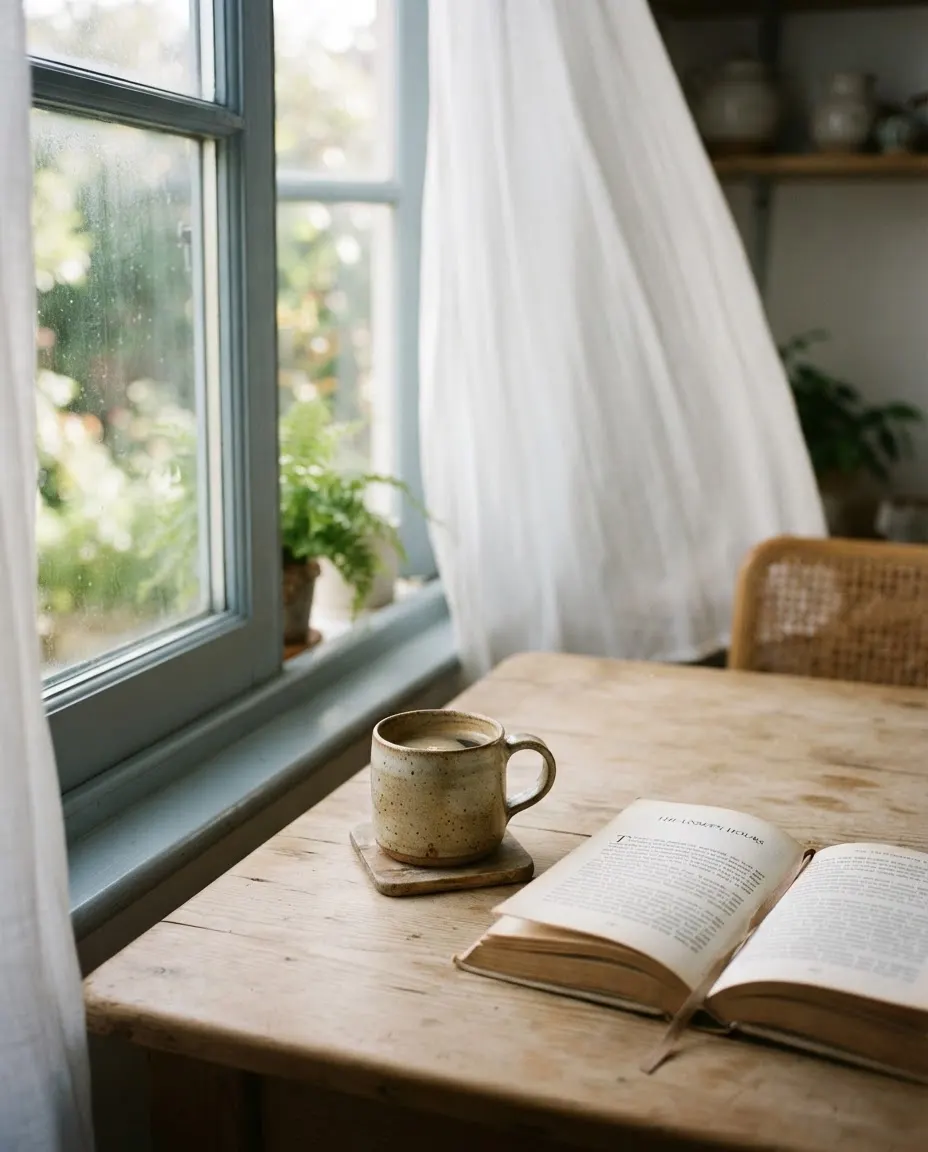 A mug of coffee beside an open book on a kitchen table by an open window with white curtains.